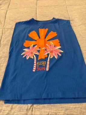 FARM Rio Blue Tank with Orange Sun & Pink Palm Graphic